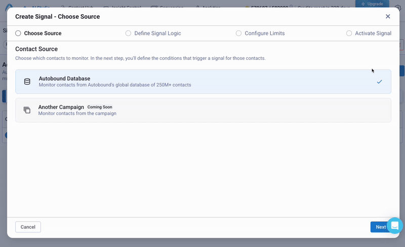 Autobound Signal Engine configuration interface showing compound filter logic for targeting contacts based on multiple signal types and ICP criteria
